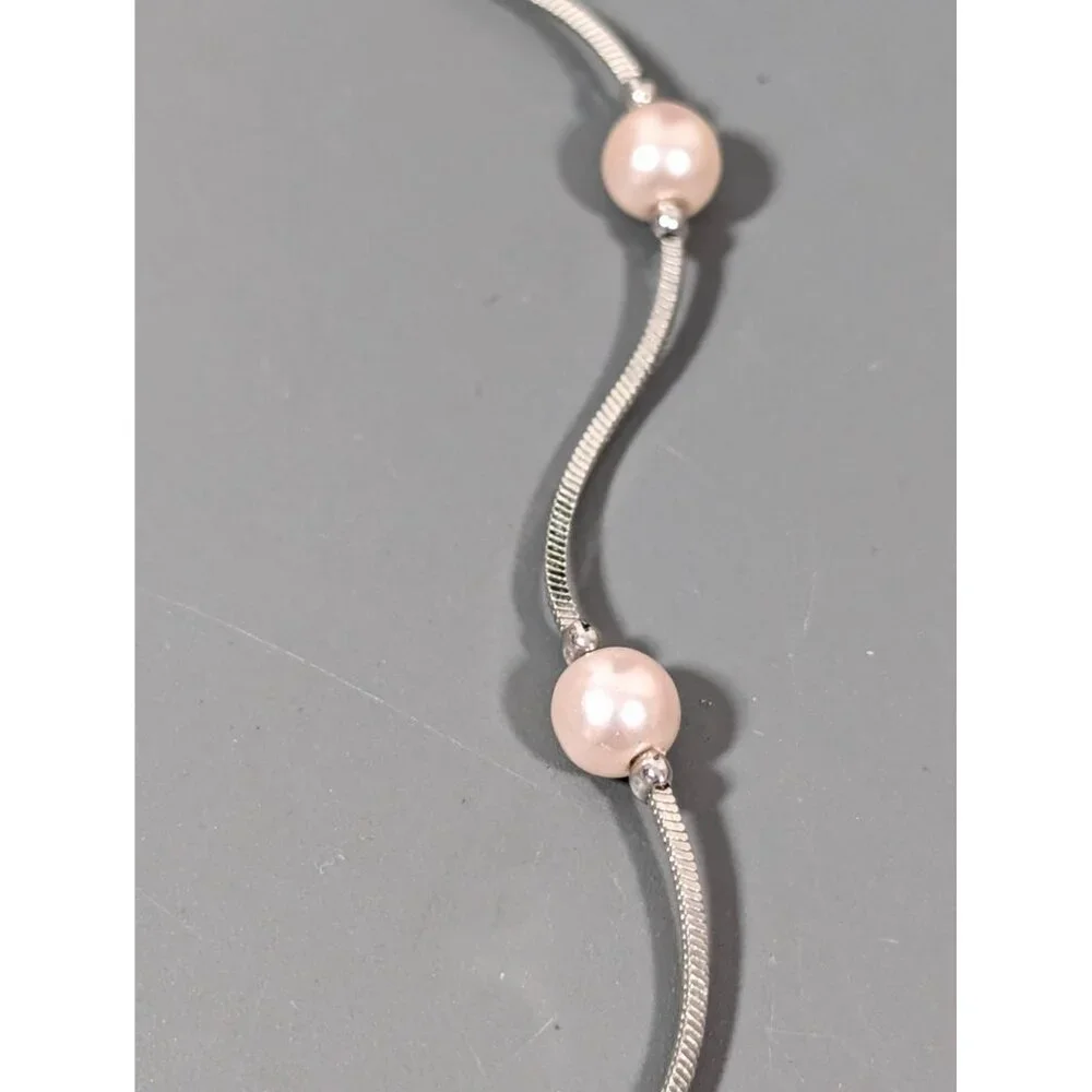 Silver Tone Faux Pearl Station Chain‎ Necklace Elegant Bridal Classic 19